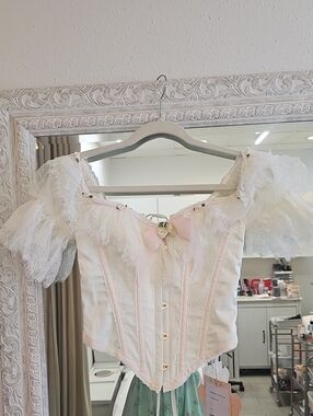 Lace Off-Shoulder Corset Top in White and Pale Pink